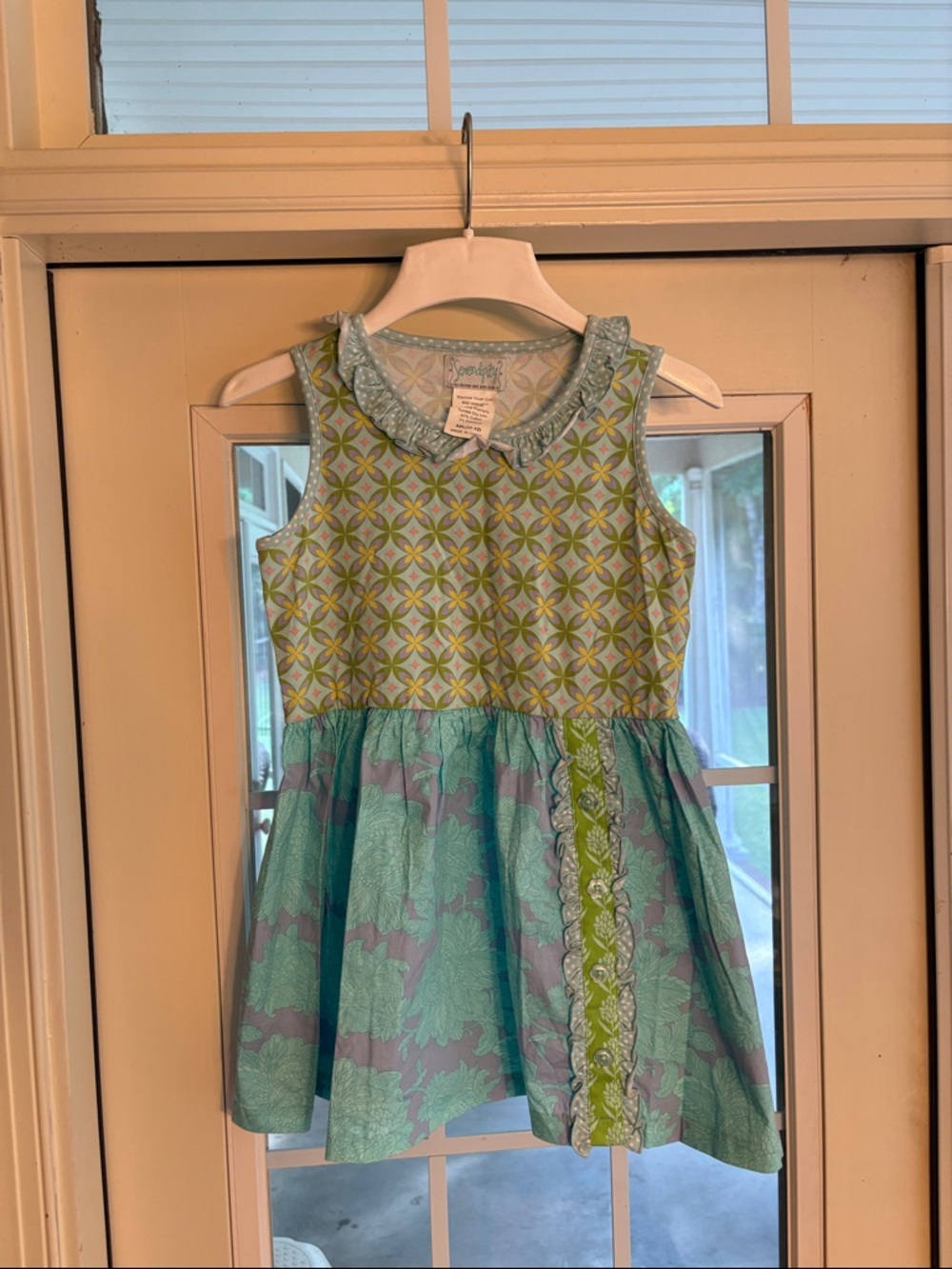 Serendipity Girls' Green & Aqua Sleeveless Patterned Dress with Ruffle Collar
